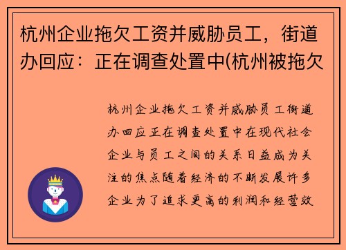 杭州企业拖欠工资并威胁员工，街道办回应：正在调查处置中(杭州被拖欠工资怎么办)