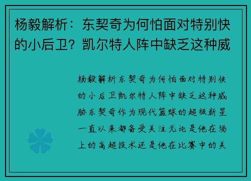 杨毅解析：东契奇为何怕面对特别快的小后卫？凯尔特人阵中缺乏这种威胁