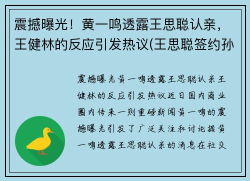 震撼曝光！黄一鸣透露王思聪认亲，王健林的反应引发热议(王思聪签约孙一鸣)